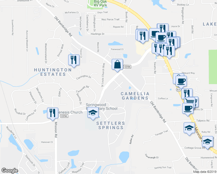 map of restaurants, bars, coffee shops, grocery stores, and more near 3535 Fred George Road in Tallahassee