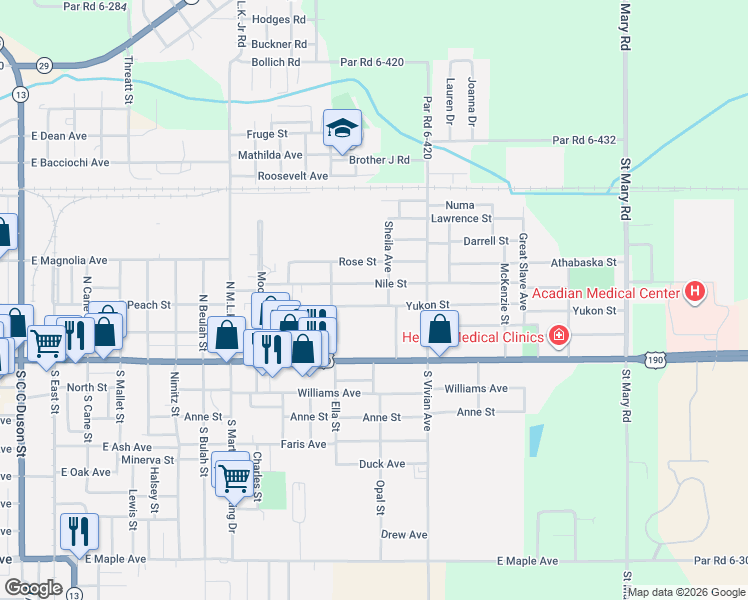 map of restaurants, bars, coffee shops, grocery stores, and more near 1201-1299 Yukon Street in Eunice