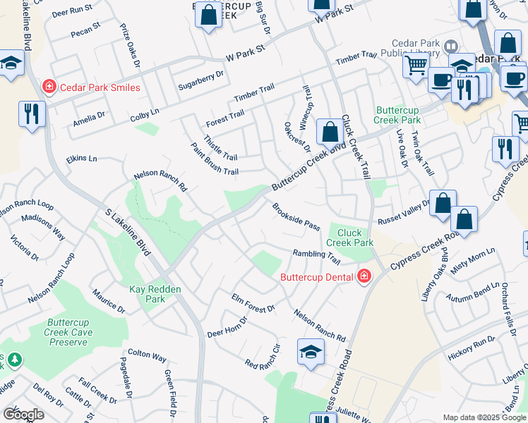 map of restaurants, bars, coffee shops, grocery stores, and more near 600 Timbergrove Court in Cedar Park