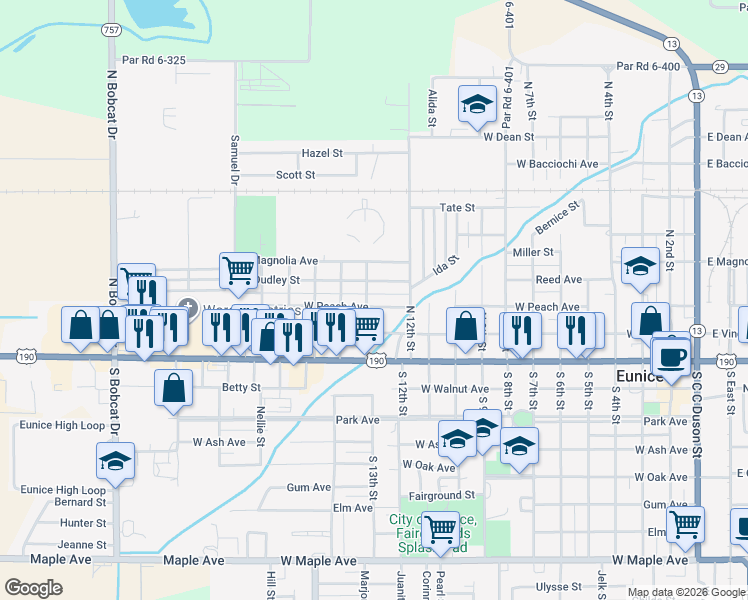 map of restaurants, bars, coffee shops, grocery stores, and more near 1351 W Peach Ave in Eunice