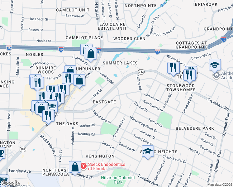 map of restaurants, bars, coffee shops, grocery stores, and more near 3550 Wellington Road in Pensacola