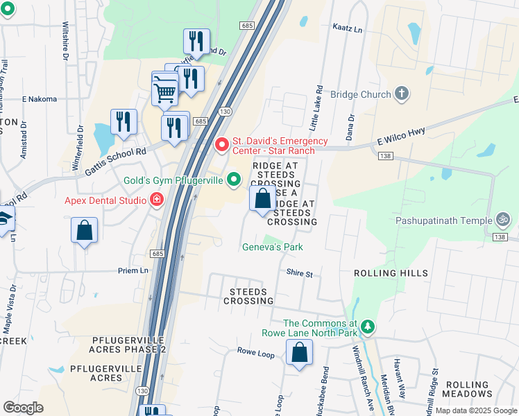 map of restaurants, bars, coffee shops, grocery stores, and more near 21107 Secretariat Ridge Lane in Pflugerville