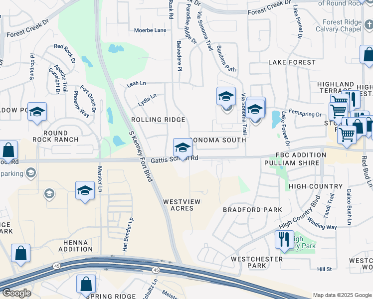 map of restaurants, bars, coffee shops, grocery stores, and more near 1490 Rusk Road in Round Rock