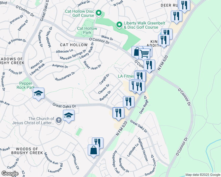 map of restaurants, bars, coffee shops, grocery stores, and more near 4022 Barlow Drive in Round Rock