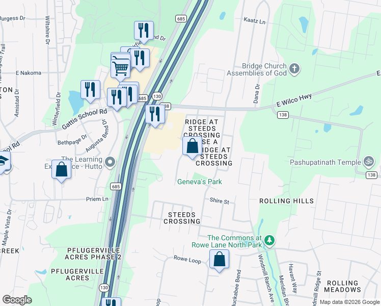 map of restaurants, bars, coffee shops, grocery stores, and more near 1604 Harness Race Way in Pflugerville