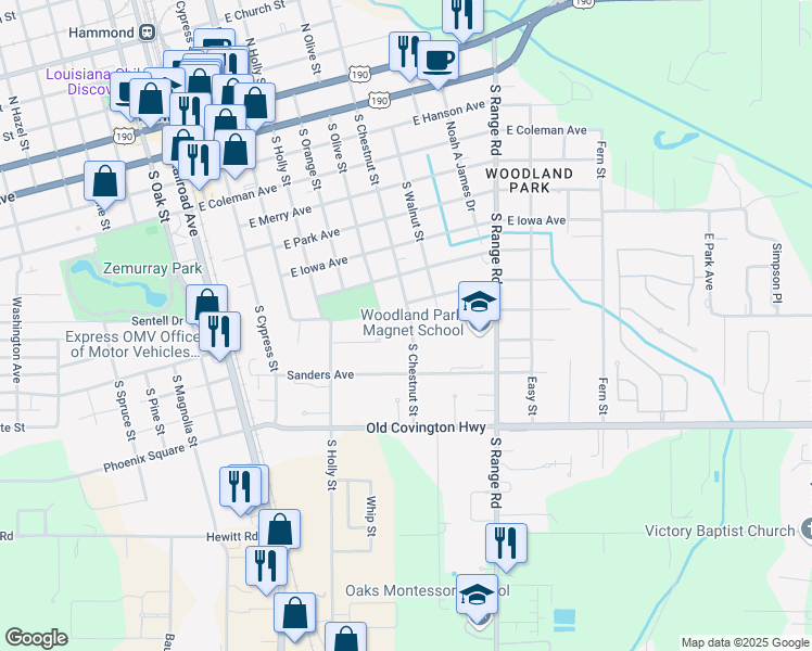 map of restaurants, bars, coffee shops, grocery stores, and more near 1001 South Chestnut Street in Hammond
