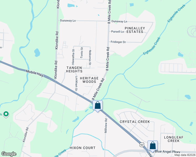 map of restaurants, bars, coffee shops, grocery stores, and more near 7155 8 Mile Creek Road in Pensacola