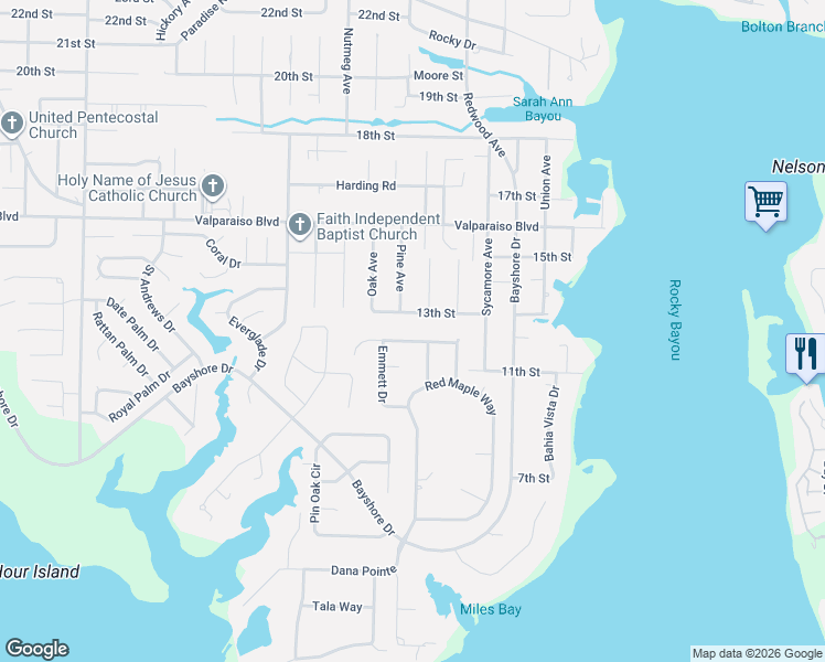 map of restaurants, bars, coffee shops, grocery stores, and more near 721 Persimmon Way in Niceville