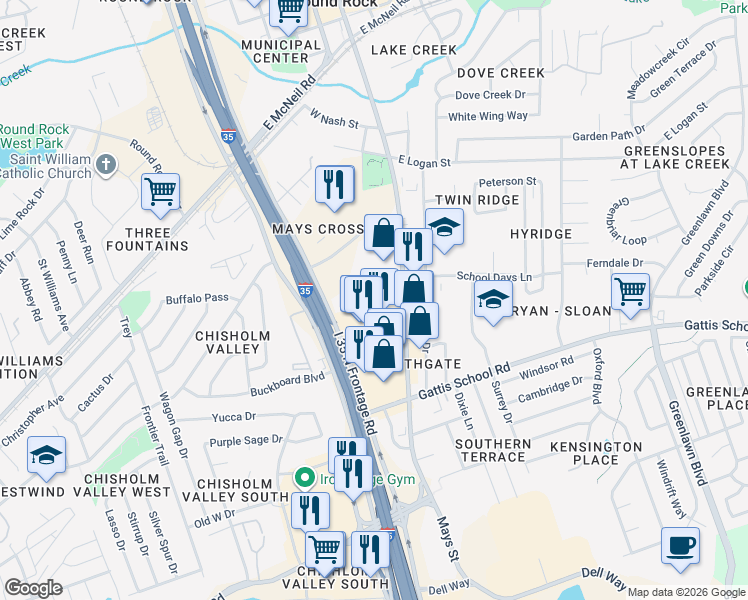 map of restaurants, bars, coffee shops, grocery stores, and more near 1401 South Interstate 35 Frontage Road in Round Rock