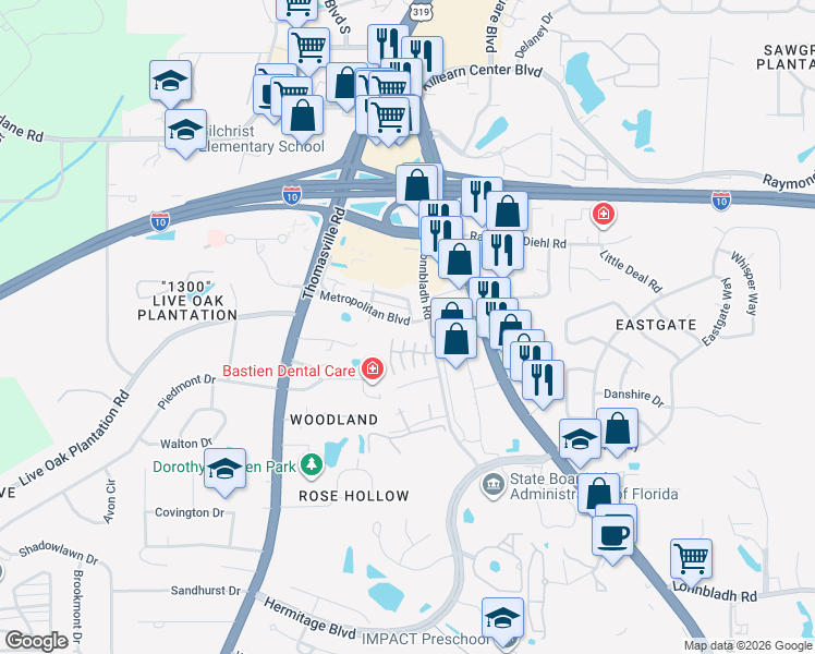map of restaurants, bars, coffee shops, grocery stores, and more near 1648 Eagles Landing Boulevard in Tallahassee