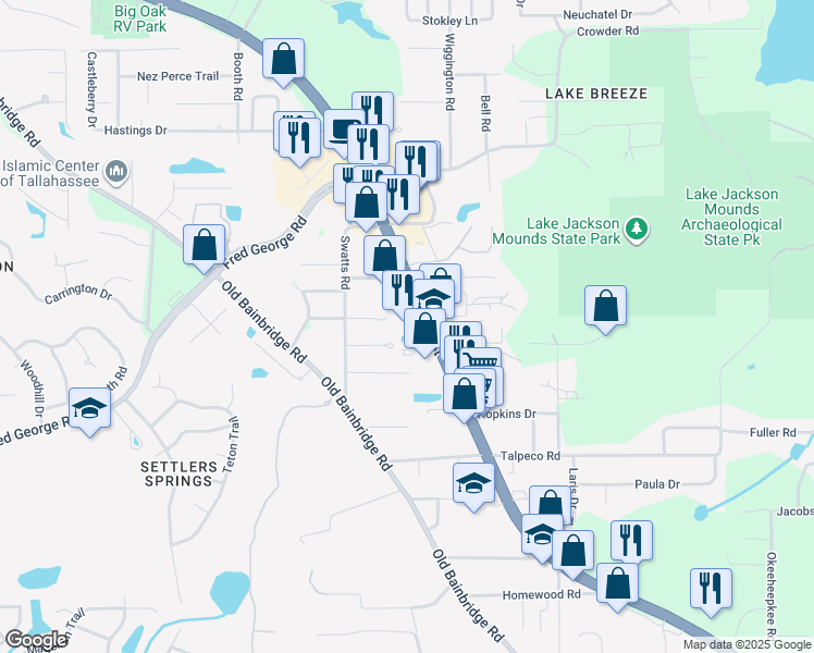 map of restaurants, bars, coffee shops, grocery stores, and more near 3624 North Monroe Street in Tallahassee