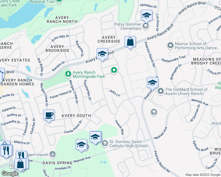 map of restaurants, bars, coffee shops, grocery stores, and more near 9800 Faith and Trust Cove in Austin