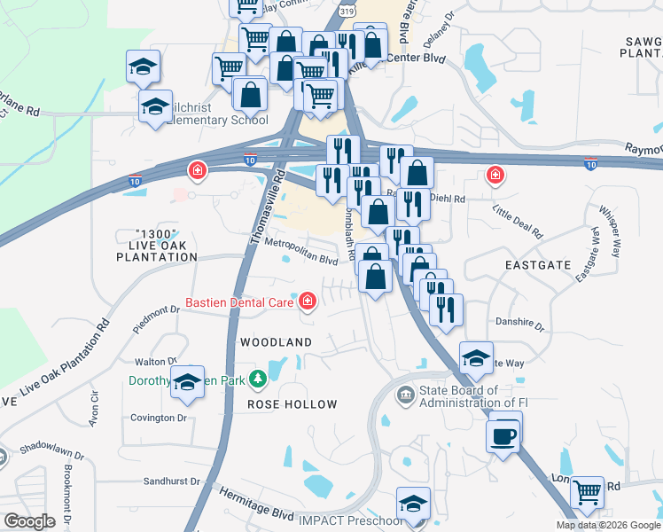 map of restaurants, bars, coffee shops, grocery stores, and more near 1684 Metropolitan Circle in Tallahassee