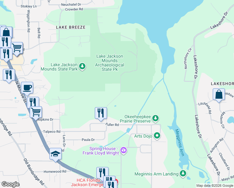 map of restaurants, bars, coffee shops, grocery stores, and more near 3687 Doris Drive in Tallahassee