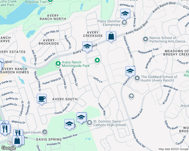 map of restaurants, bars, coffee shops, grocery stores, and more near 9800 Faith and Trust Cove in Austin