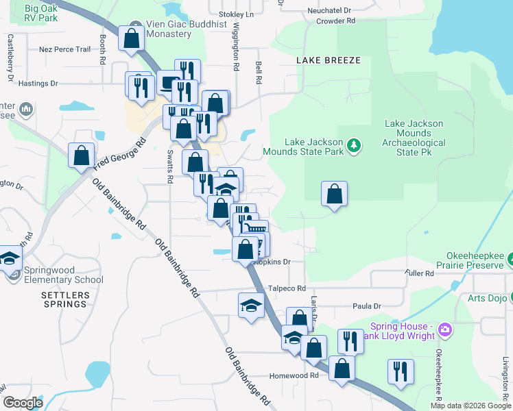map of restaurants, bars, coffee shops, grocery stores, and more near 2873 Lucille Loop in Tallahassee