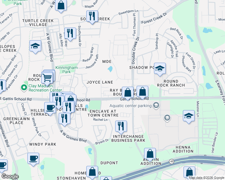 map of restaurants, bars, coffee shops, grocery stores, and more near 1401 Joyce Lane in Round Rock