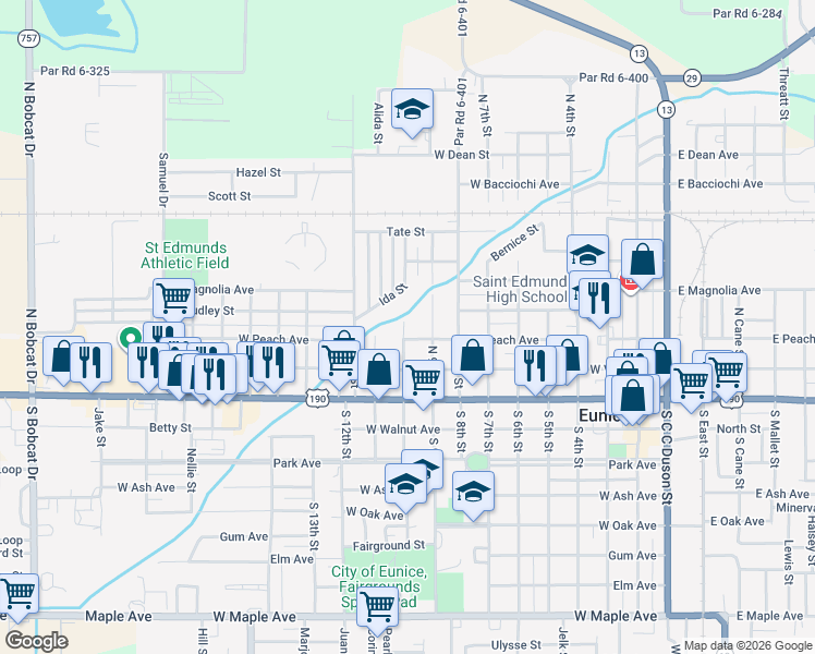 map of restaurants, bars, coffee shops, grocery stores, and more near 440 Ida Street in Eunice
