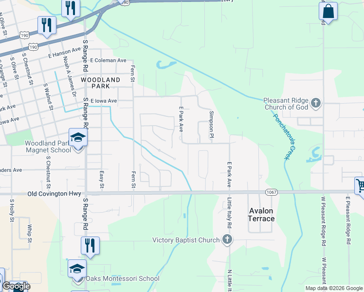 map of restaurants, bars, coffee shops, grocery stores, and more near 17382 East Park Avenue in Hammond