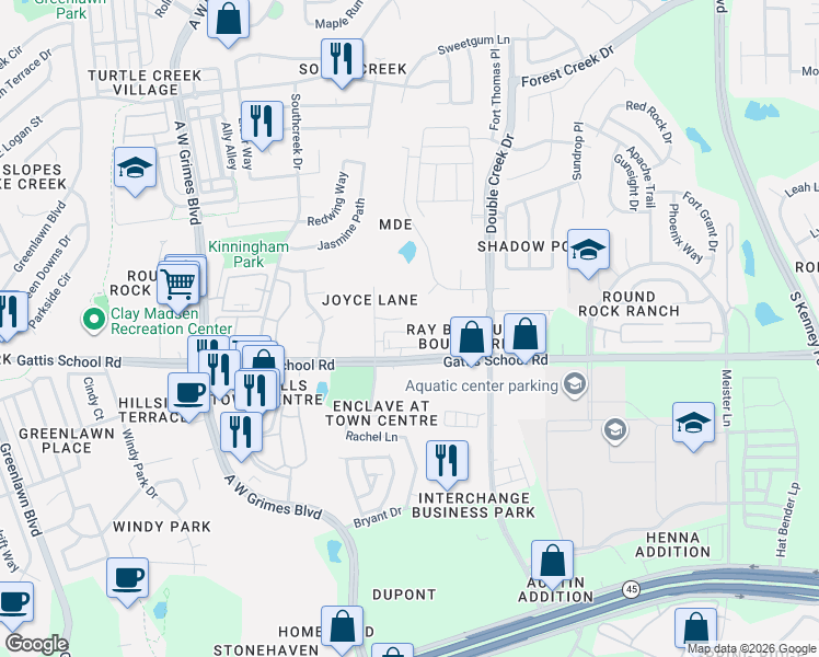 map of restaurants, bars, coffee shops, grocery stores, and more near 1401 Joyce Lane in Round Rock