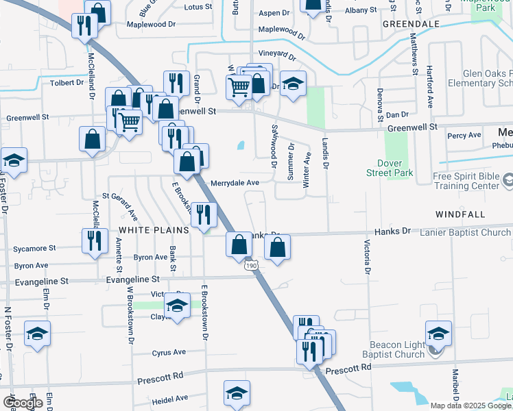map of restaurants, bars, coffee shops, grocery stores, and more near 6515 Hanks Drive in Baton Rouge