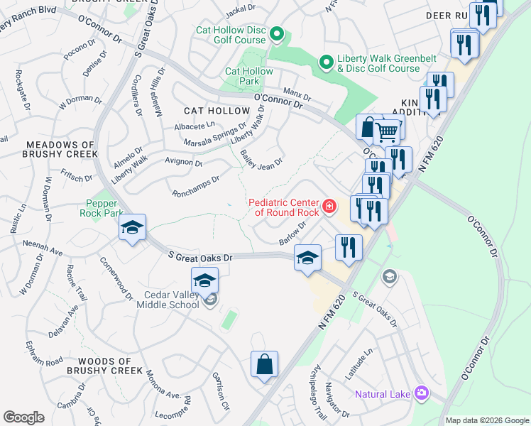 map of restaurants, bars, coffee shops, grocery stores, and more near 5105 Leghorn Cove in Round Rock