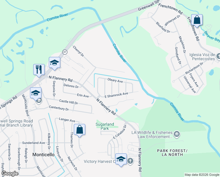 map of restaurants, bars, coffee shops, grocery stores, and more near 5231 Kerry Drive in Baton Rouge