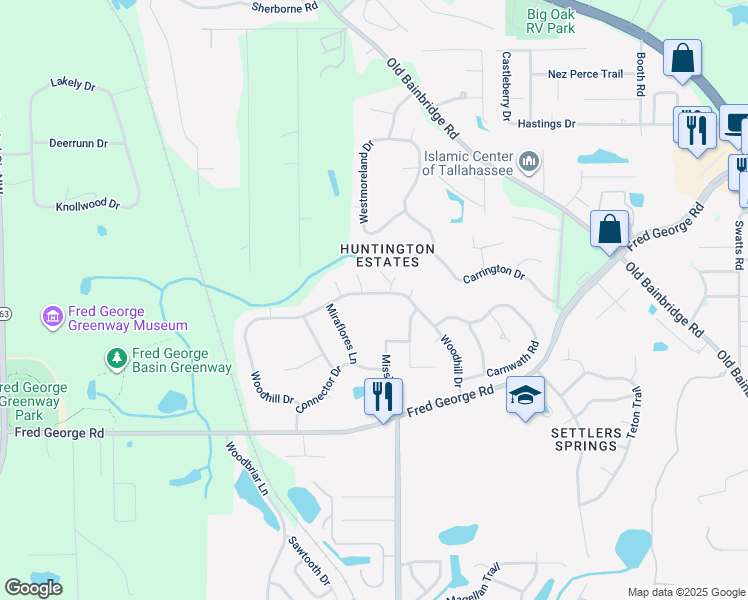 map of restaurants, bars, coffee shops, grocery stores, and more near 3577 Wood Hill Drive in Tallahassee