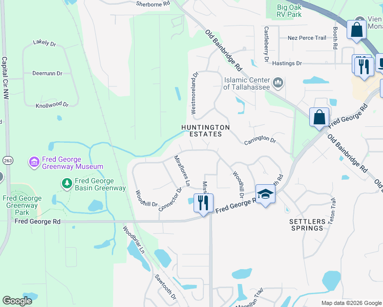 map of restaurants, bars, coffee shops, grocery stores, and more near 3529 Woodlane Circle in Tallahassee