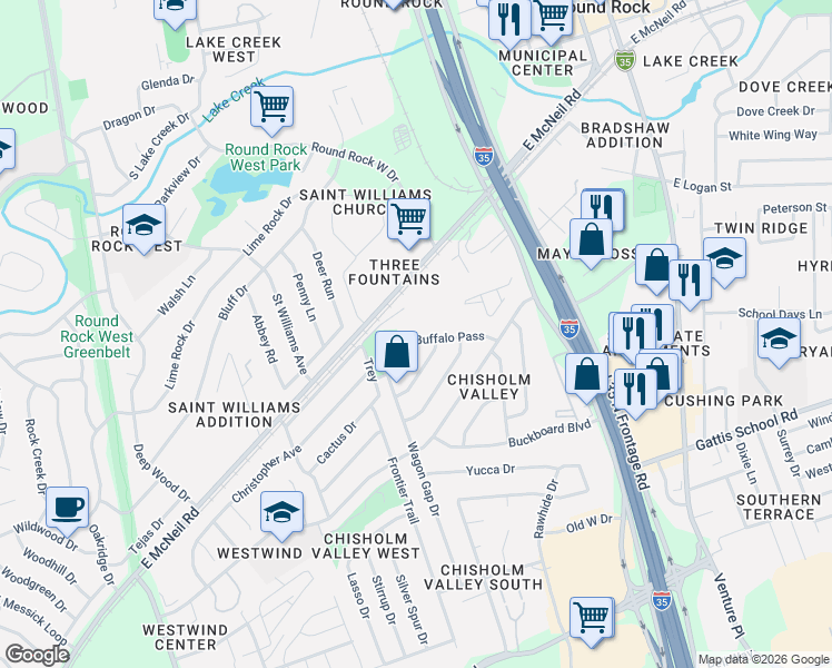 map of restaurants, bars, coffee shops, grocery stores, and more near 606 Buffalo Pass in Round Rock