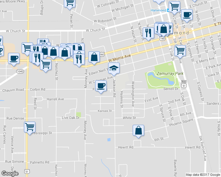 map of restaurants, bars, coffee shops, grocery stores, and more near 112 Florida Street in Hammond