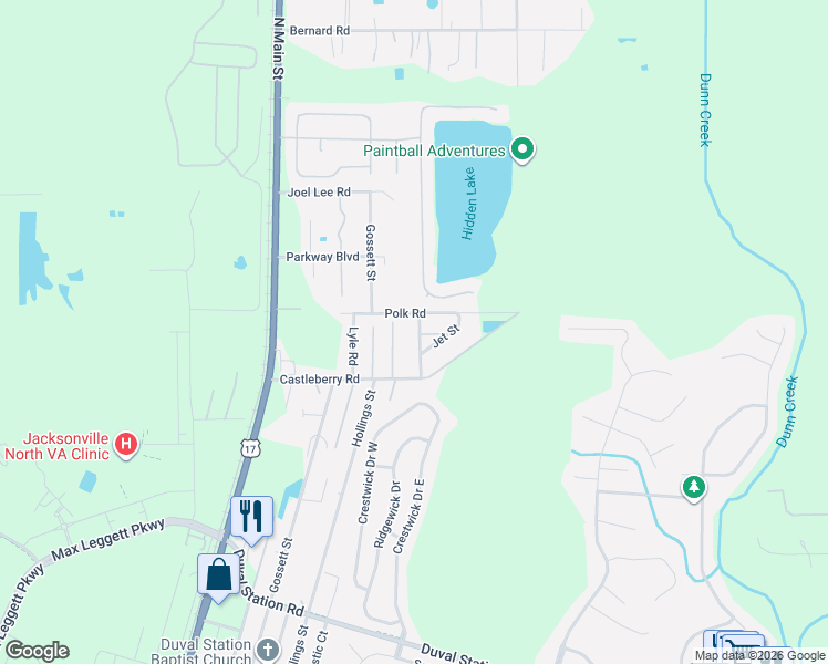 map of restaurants, bars, coffee shops, grocery stores, and more near 261 Polk Road in Jacksonville