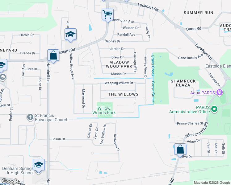 map of restaurants, bars, coffee shops, grocery stores, and more near 1433 Cottonwood Drive in Denham Springs