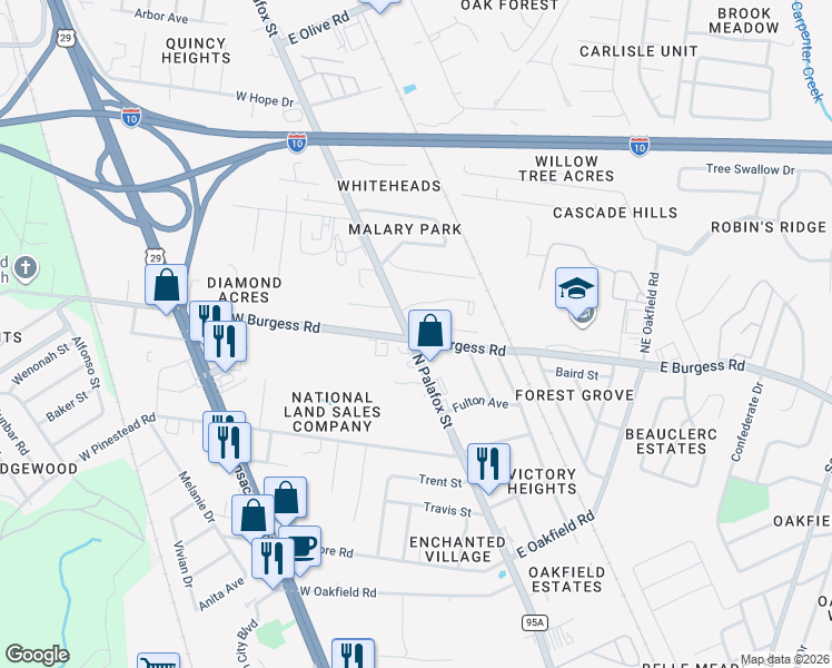 map of restaurants, bars, coffee shops, grocery stores, and more near 7160 North Palafox Street in Pensacola
