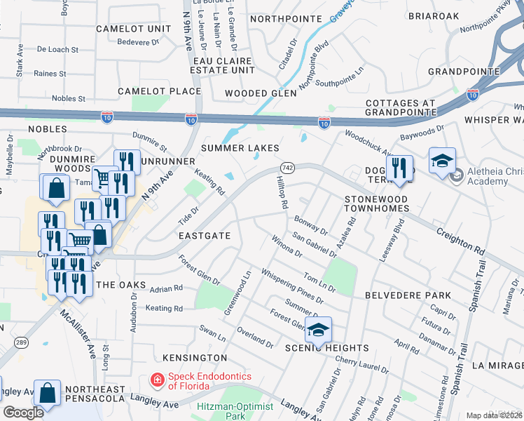map of restaurants, bars, coffee shops, grocery stores, and more near 3399 Creighton Road in Pensacola
