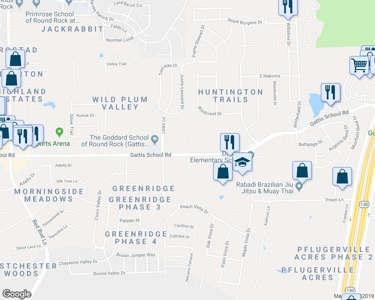 map of restaurants, bars, coffee shops, grocery stores, and more near 20509 Poppy Hills Trail in Round Rock