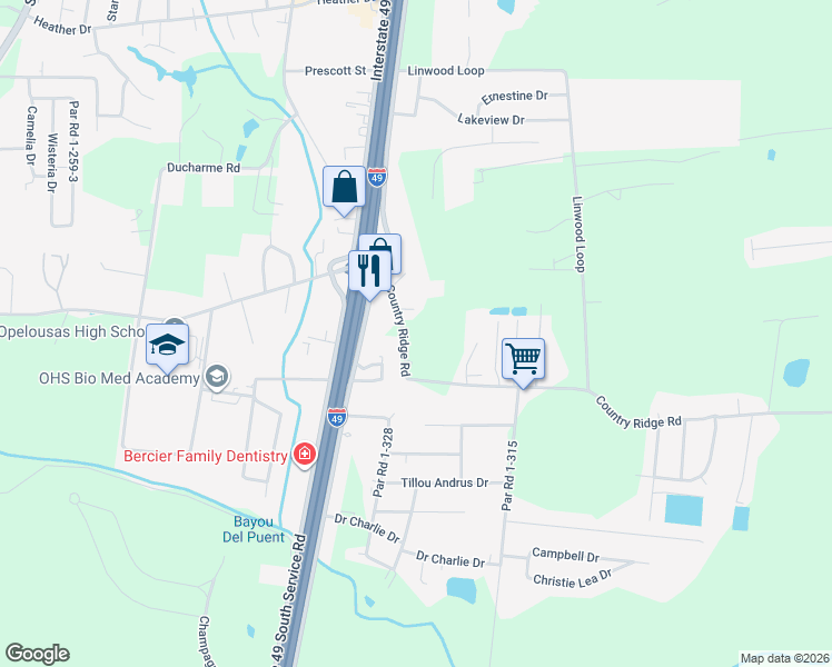map of restaurants, bars, coffee shops, grocery stores, and more near 169 Country Ridge Road in Opelousas