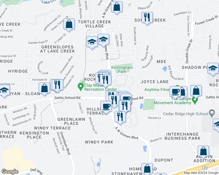 map of restaurants, bars, coffee shops, grocery stores, and more near 1950 S A W Grimes Blvd in Round Rock