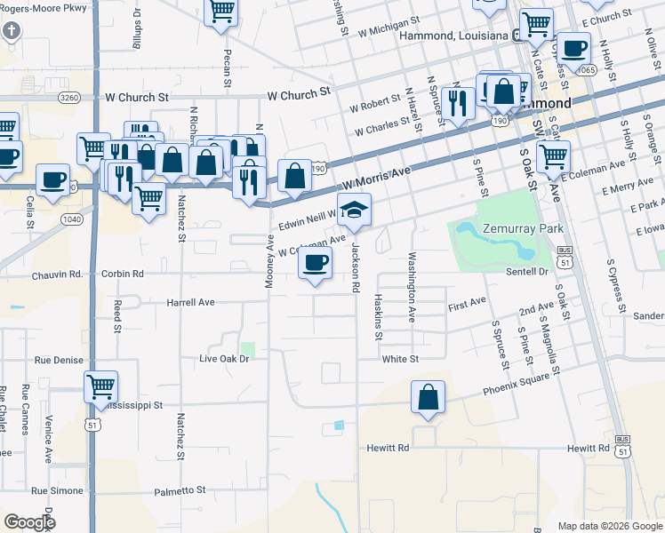 map of restaurants, bars, coffee shops, grocery stores, and more near 112 Florida Street in Hammond