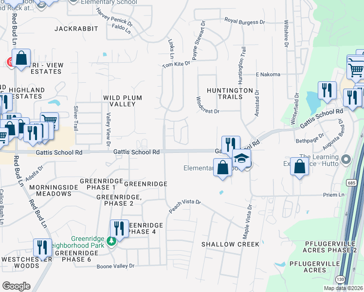 map of restaurants, bars, coffee shops, grocery stores, and more near 20421 Poppy Hills Trail in Round Rock