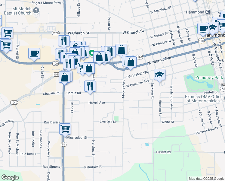 map of restaurants, bars, coffee shops, grocery stores, and more near 1406 Corbin Road in Hammond