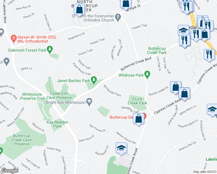 map of restaurants, bars, coffee shops, grocery stores, and more near 510 Brookside Pass in Cedar Park