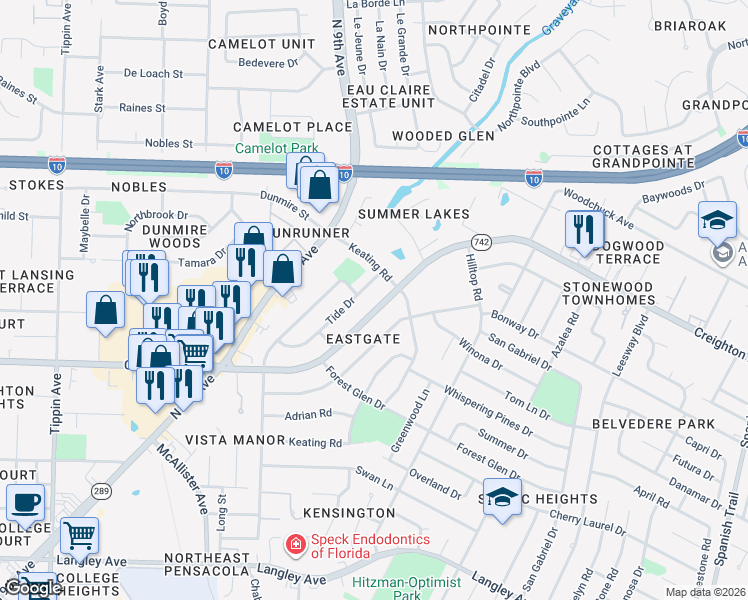 map of restaurants, bars, coffee shops, grocery stores, and more near 3521 Tide Drive in Pensacola