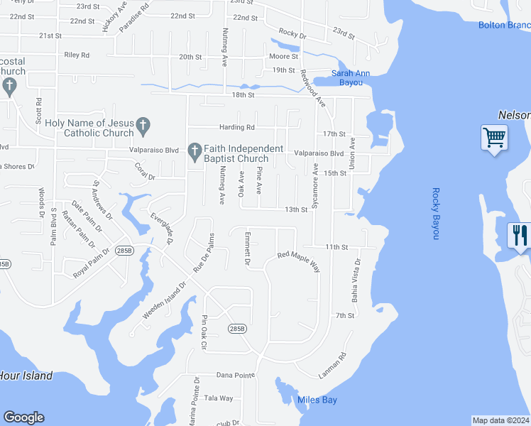 map of restaurants, bars, coffee shops, grocery stores, and more near 4012 13th Street in Niceville