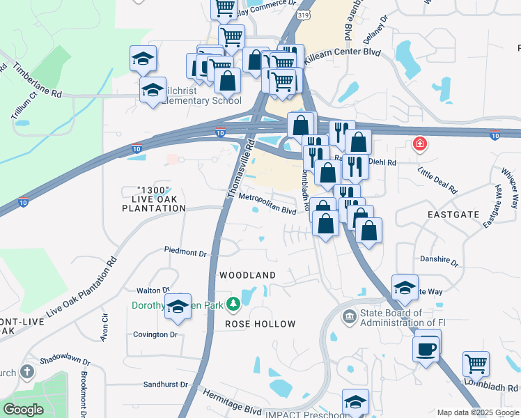 map of restaurants, bars, coffee shops, grocery stores, and more near 1495-1599 Metropolitan Blvd in Tallahassee