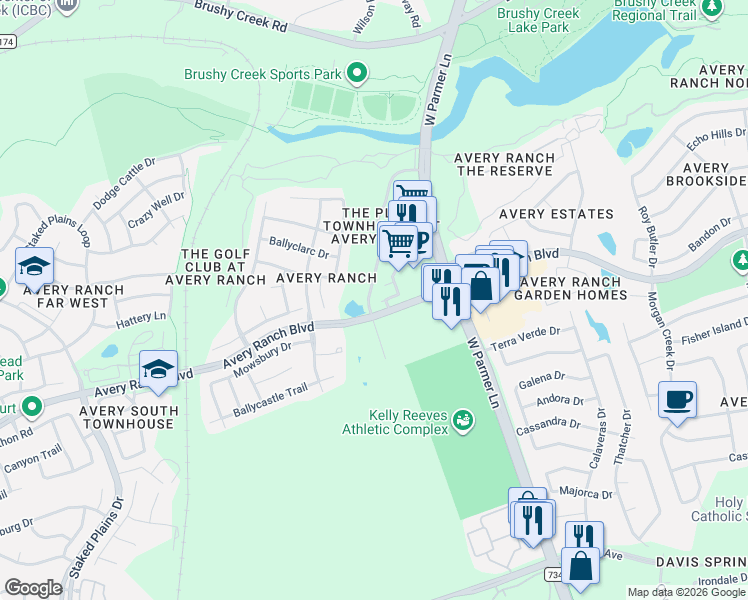 map of restaurants, bars, coffee shops, grocery stores, and more near 10721 Casitas Drive in Austin