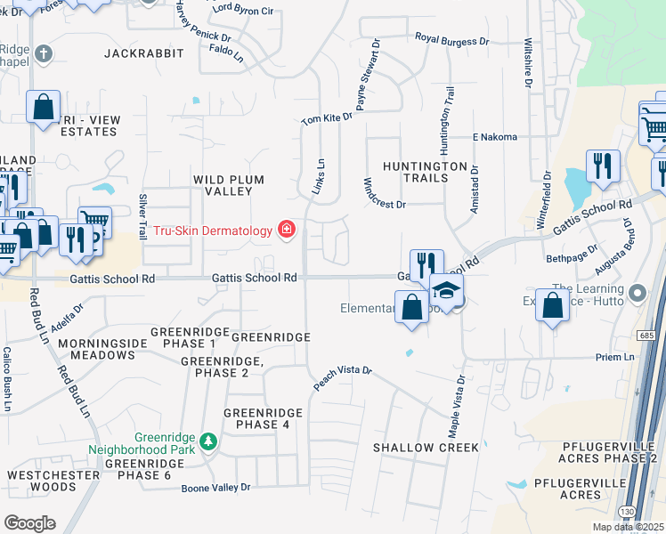 map of restaurants, bars, coffee shops, grocery stores, and more near 20417 Poppy Hills Trail in Round Rock