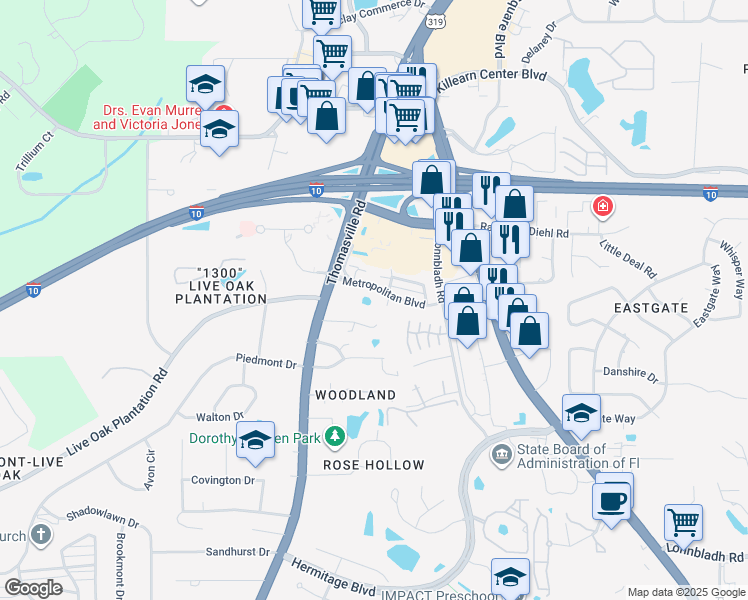map of restaurants, bars, coffee shops, grocery stores, and more near 1495-1599 Metropolitan Blvd in Tallahassee