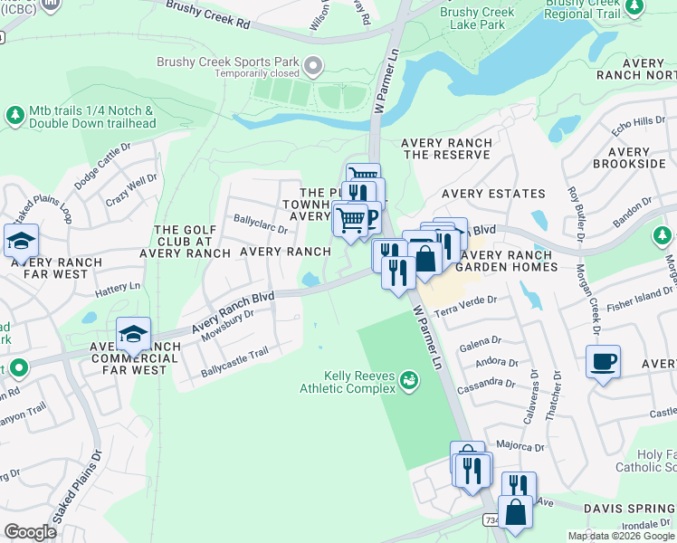 map of restaurants, bars, coffee shops, grocery stores, and more near 10721 Casitas Drive in Austin