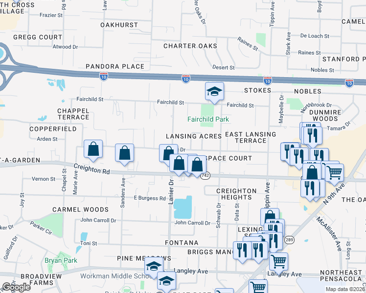 map of restaurants, bars, coffee shops, grocery stores, and more near 1994 Lansing Drive in Pensacola